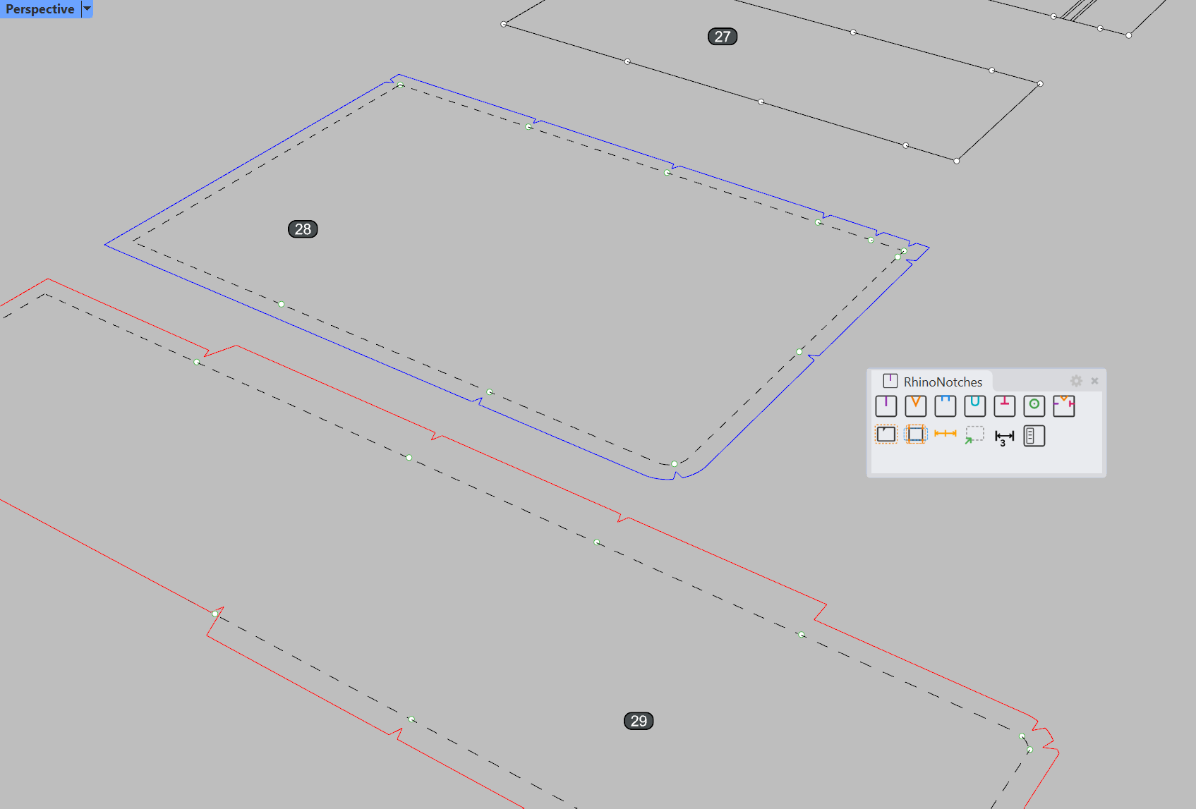 RhinoNotches toolbar and seam allowance workflow in Rhino viewport with pattern pieces