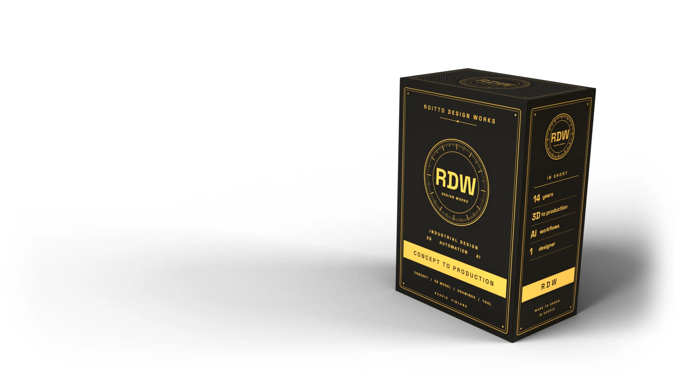 Musta kartonkipakkaus kultafoliopainatuksella: RDW, Roitto Design Works. Se aukeaa ja kaatuu, ja ulos liukuvat konseptiluonnos, 3D-malli, piirustusnippu ja työkalu.